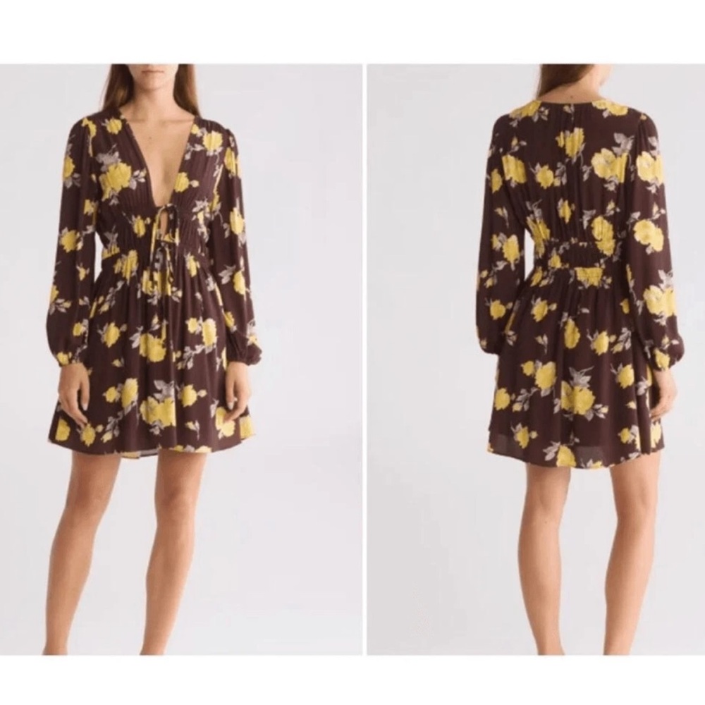 33. Wayf $99 long sleeve Floral Brown and Yellow Dress